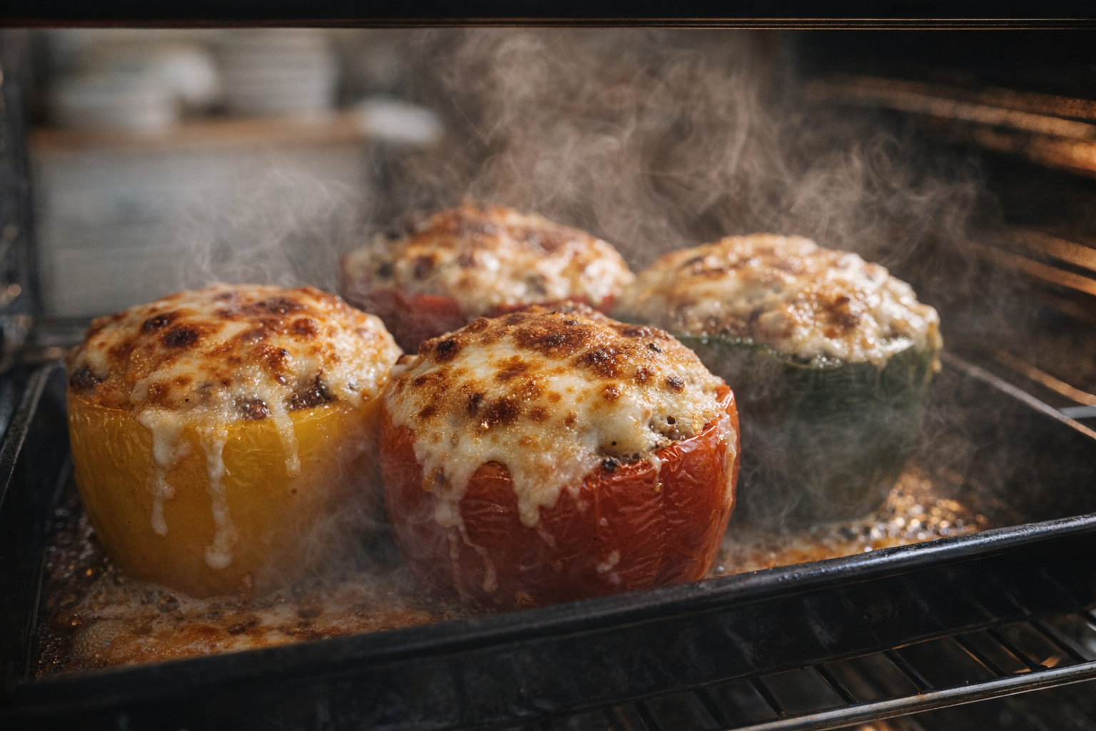 An eye-level shot of stuffed bell peppers baking in the oven, with melted cheese bubbling and browning on top, and steam escaping from the peppers
